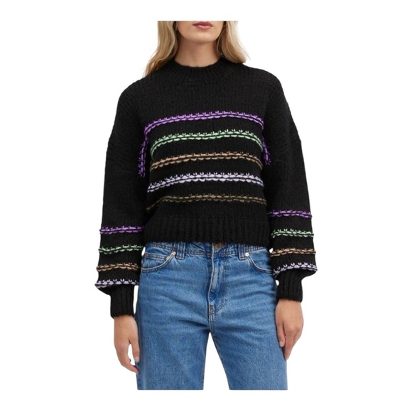 NVLT Stripe Wool Blend Balloon Sleeve Crop sweater in Black NWOT - Picture 1 of 5